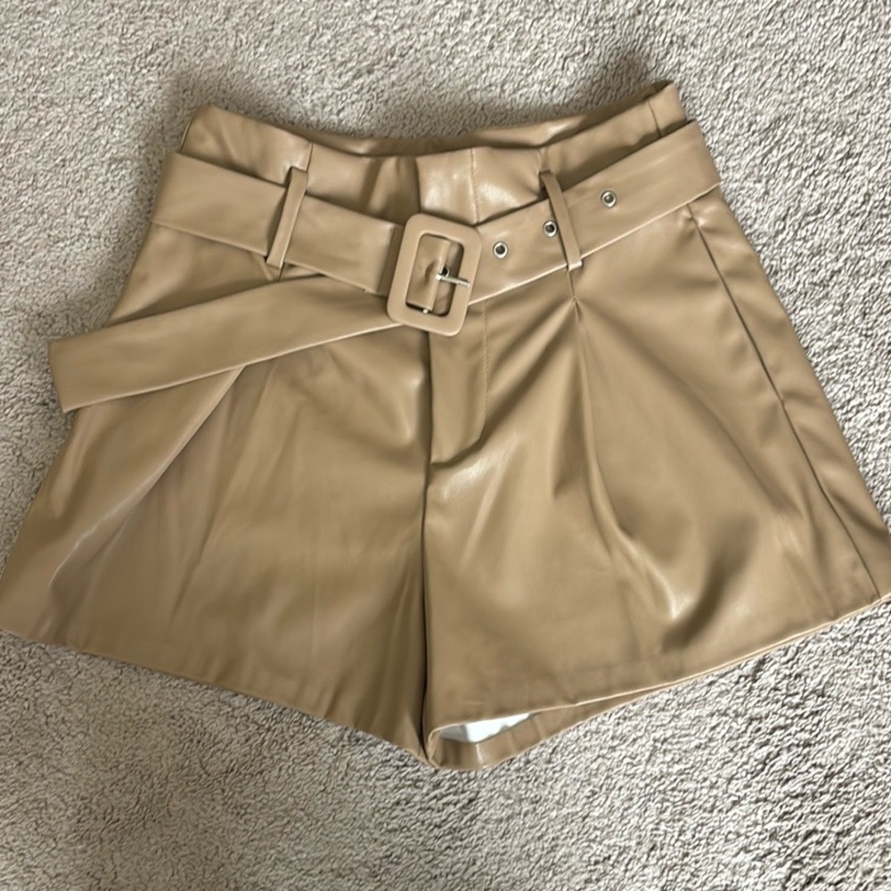 Faux Leather Tan High Waist Belted Shorts